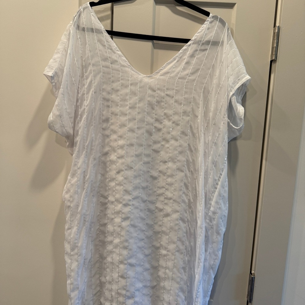 White Silver Stripe Kaftan Cover Up Tunic V Neck One Size Resort‎ Chic